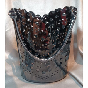 Neiman Marcus Black Laser Cut Cottagecore Bucket Bag Purse Scalloped Edge